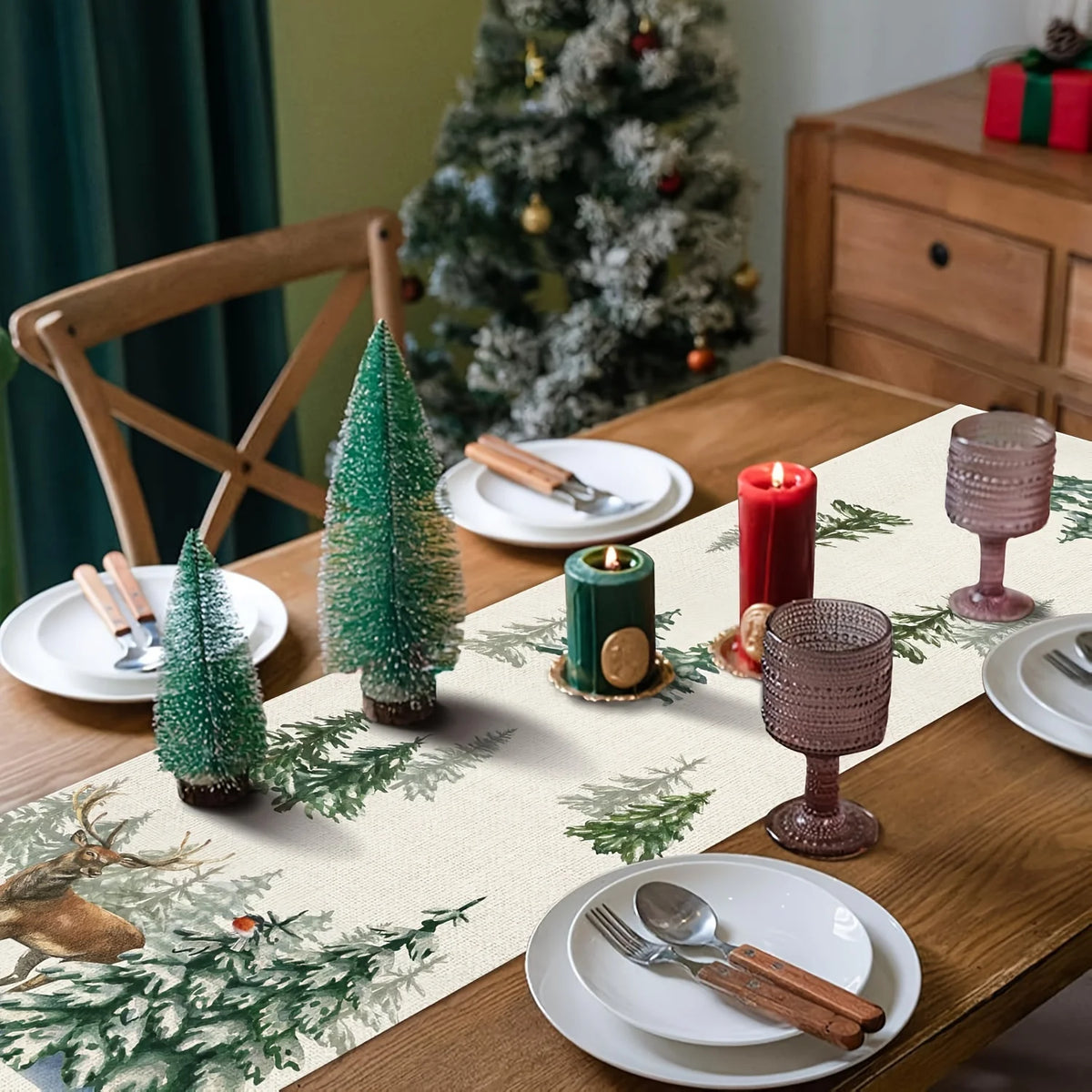 Winter Forest Table Runner – Reindeer Cardinal Christmas Décor Holiday Table Runner PLUSH