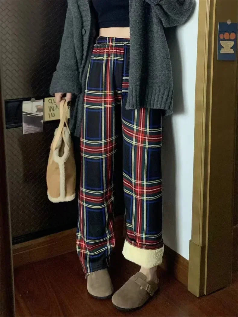 Women's Plush Wide-Leg Plaid Pants – Warm Loose Winter Trousers Wide-Leg Trousers PLUSH Navy One Size