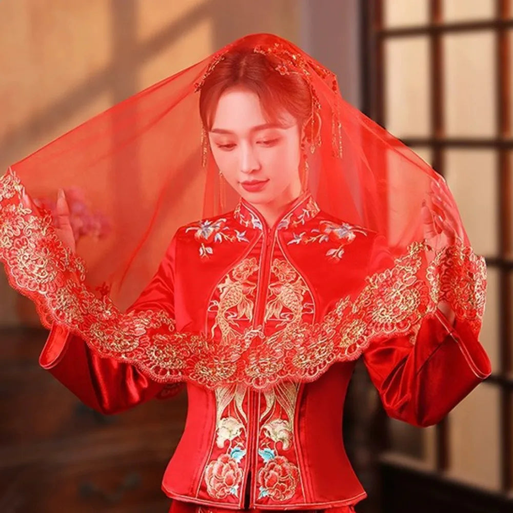 Red Gold Embroidery Bridal Veil – Lace Chinese Wedding Head Cover Bridal Veil PLUSH