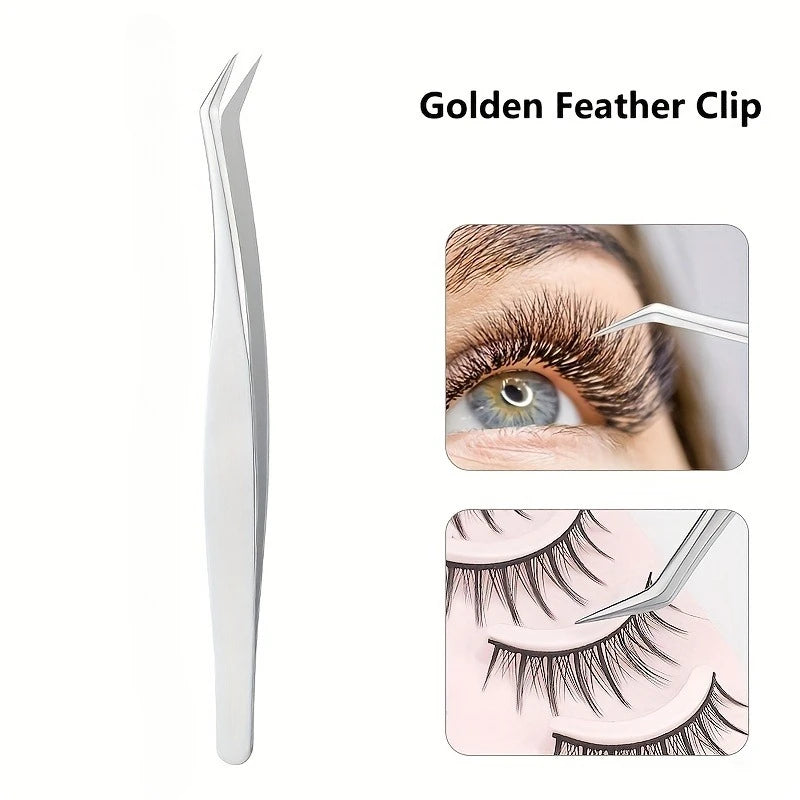 Ouriner Stainless Steel Eyelash Grafting Tweezers – Golden Eyelash Tweezers PLUSH Golden Feather Clip