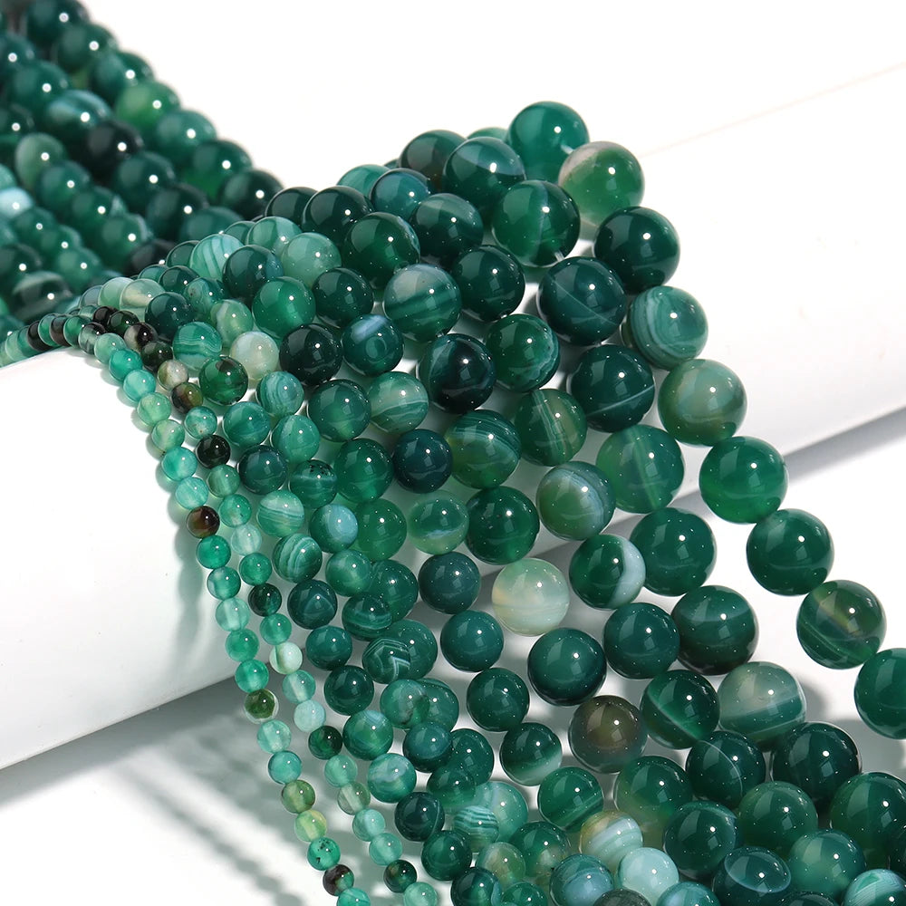 Green Striped Agate Round Spacer Beads – DIY Jewelry Making Natural Stone Beads PLUSH