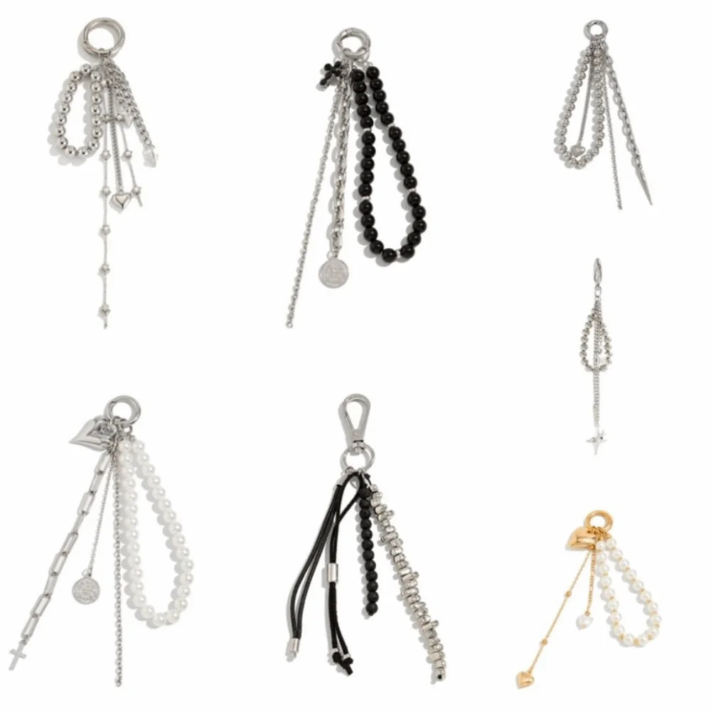 Pearl Beaded Heart Keychain Silver Tassel Star Rivet Bag Charm Fashion Keychain Charm PLUSH