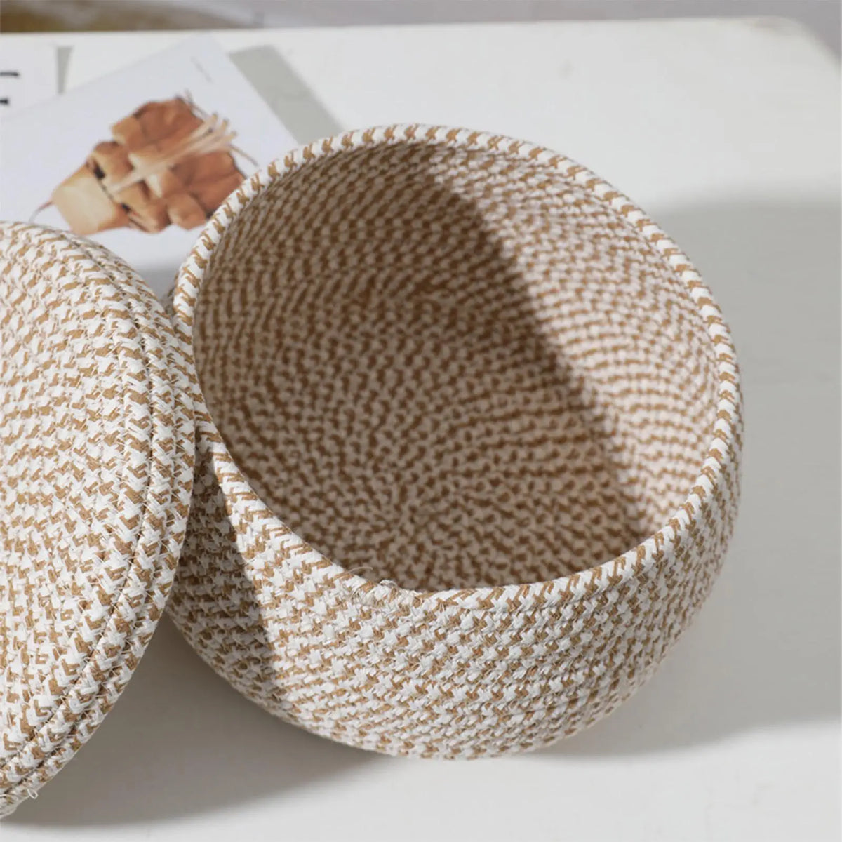 White Woven Cotton Rope Storage Basket with Lid | 21x21cm Woven Storage Basket PLUSH