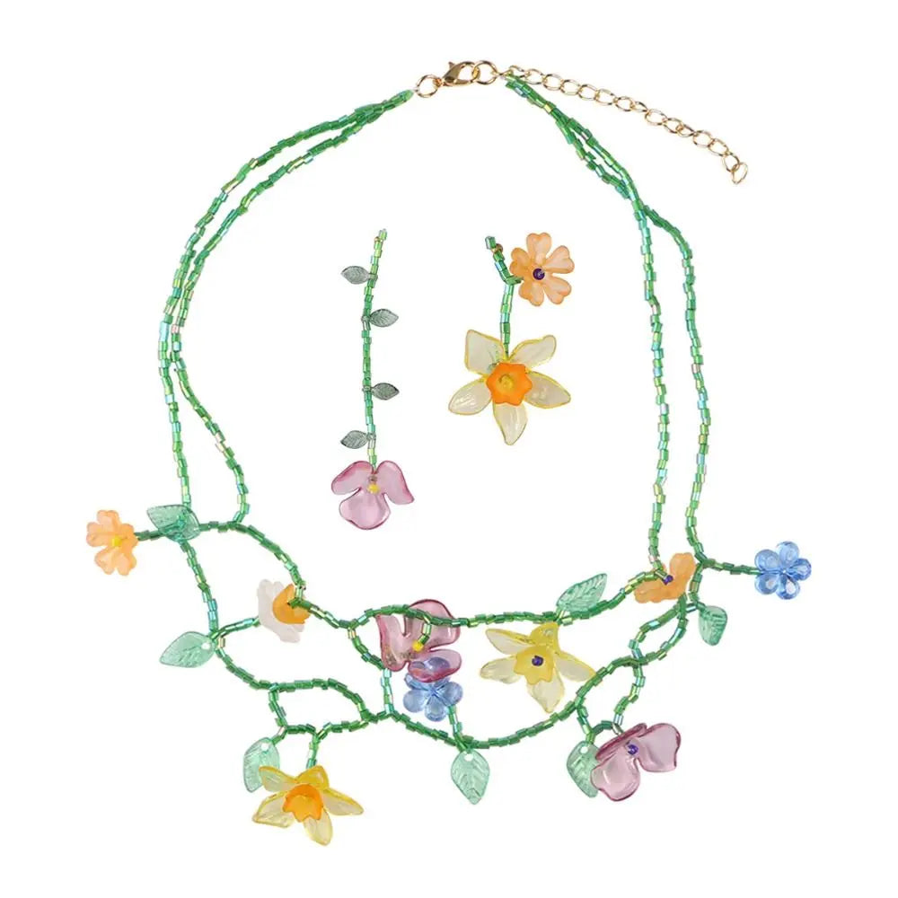 Handmade Resin Flower Necklace & Tassel Earrings | Korean Style Fashion Jewelry Set PLUSH