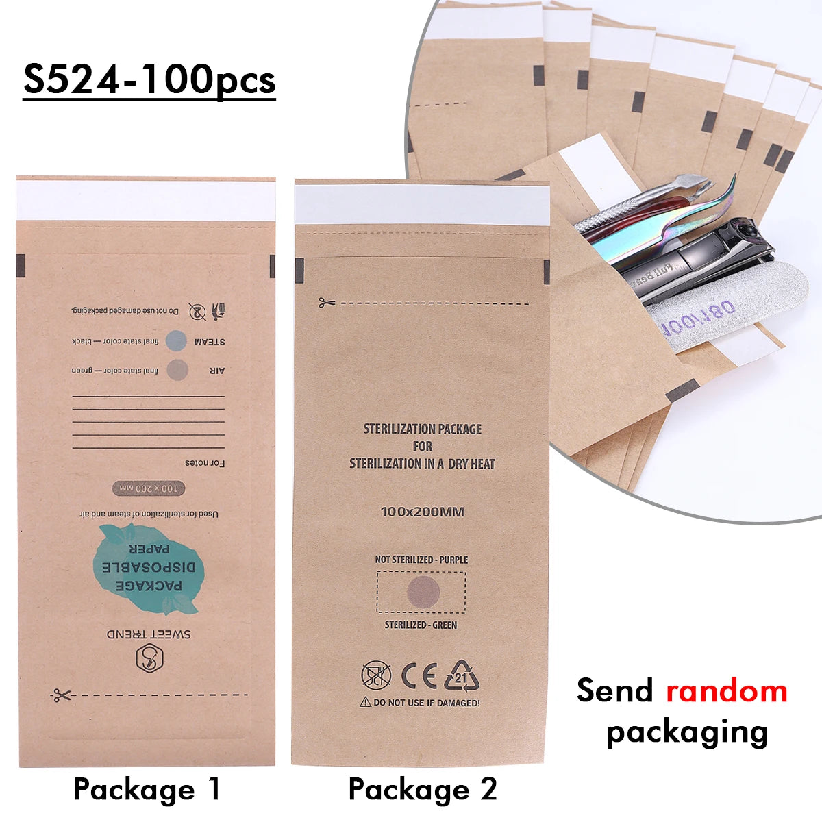 Kraft Paper Self-Sealing Sterilization Bags 50/100pcs Nail Tools Sterilization Pouches PLUSH S524-100pcs random