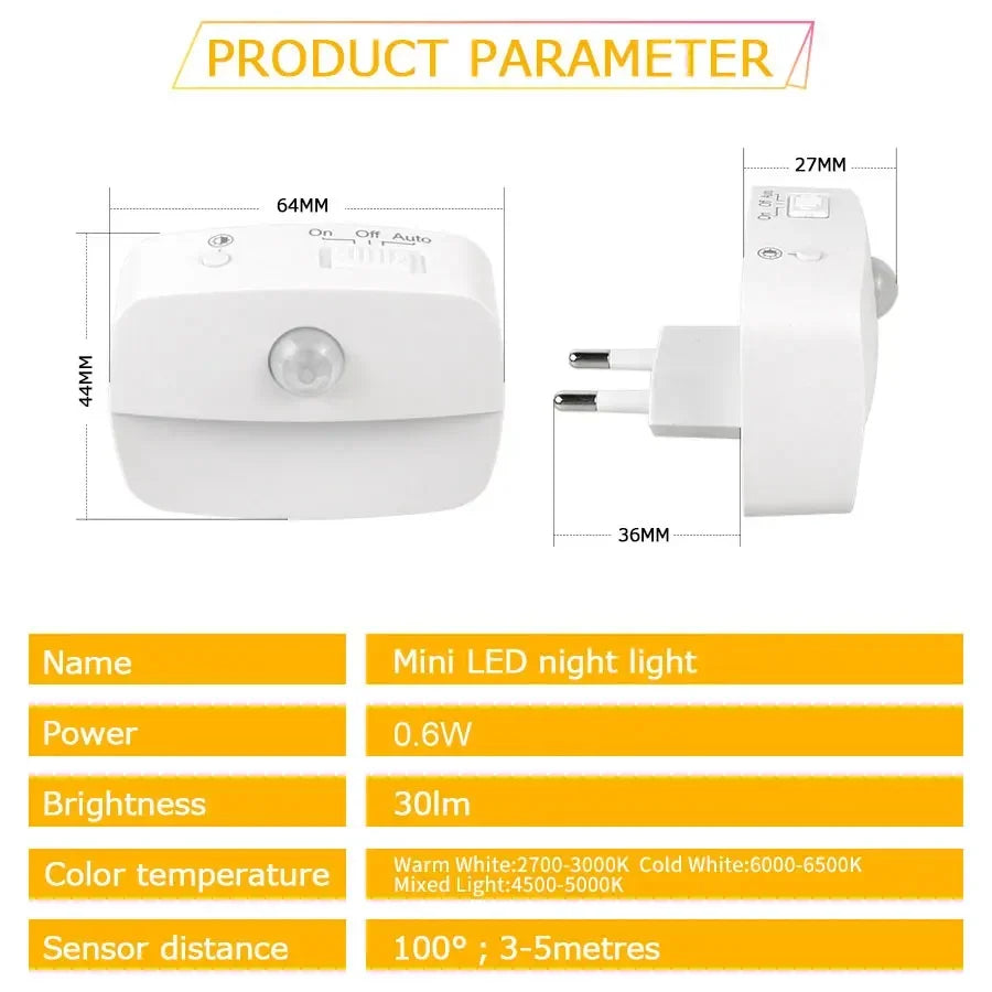 Motion Sensor LED Night Light – 3 Colors, Dimmable Plug-In LED Night Light PLUSH