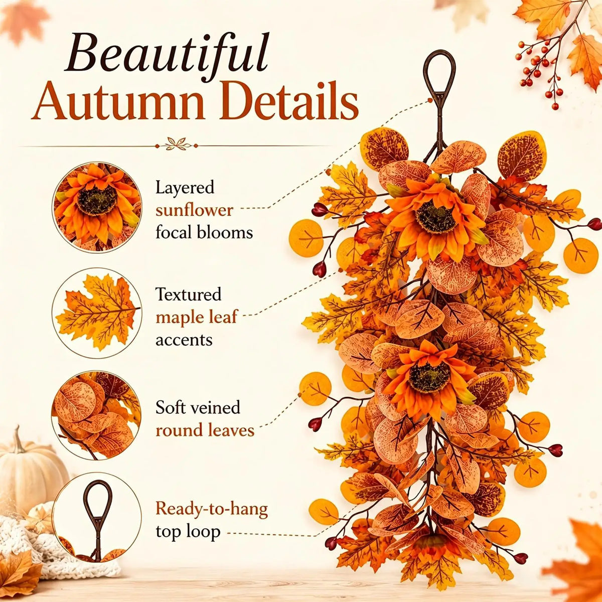 56cm Artificial Sunflower Fall Door Swag Wreath – Harvest Decor Artificial Fall Wreath PLUSH