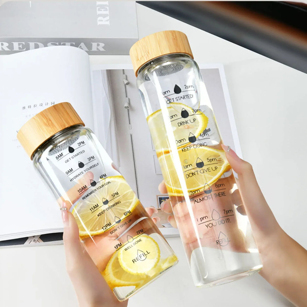 1000ml Glass Water Bottle with Time Marker | Borosilicate Glass Water Bottle PLUSH