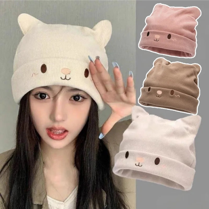 Kawaii Cat Ear Knit Beret – Oversized Stretchy Beanie for Women Knit Beret Hat PLUSH