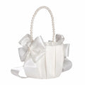 Satin Flower Girl Basket – Bowknot Pearl Handle Wedding Wedding Flower Basket PLUSH White