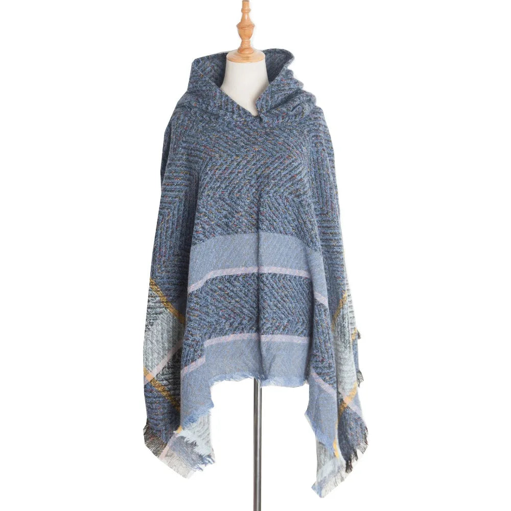 Women's Tassel Hooded Cape Plaid Knit Shoulder Wrap Cloak Hooded Cape Wrap PLUSH Blue