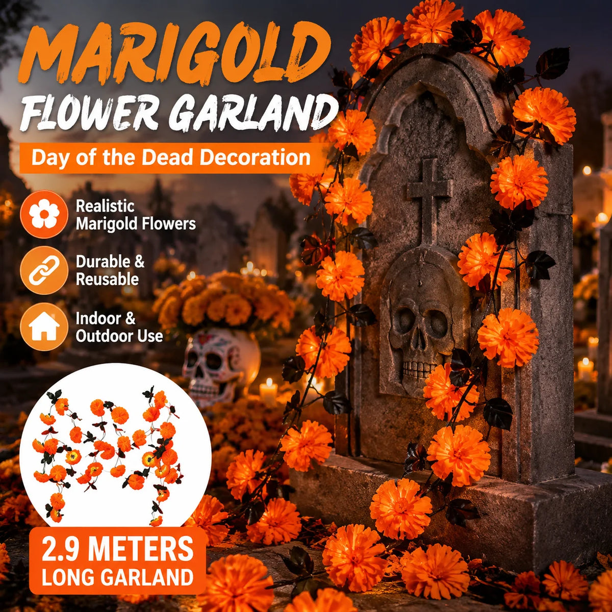 Marigold Artificial Flower Garland – Day of the Dead Wall Decor Artificial Flower Garland PLUSH