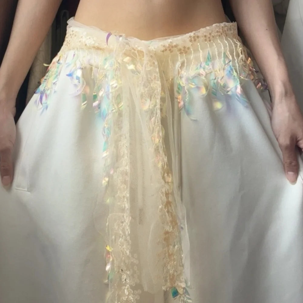 Y2K Sequin Tassel Hip Scarf Belt – Jazz Dance Streetwear Tassel Hip Scarf Belt PLUSH Apricot