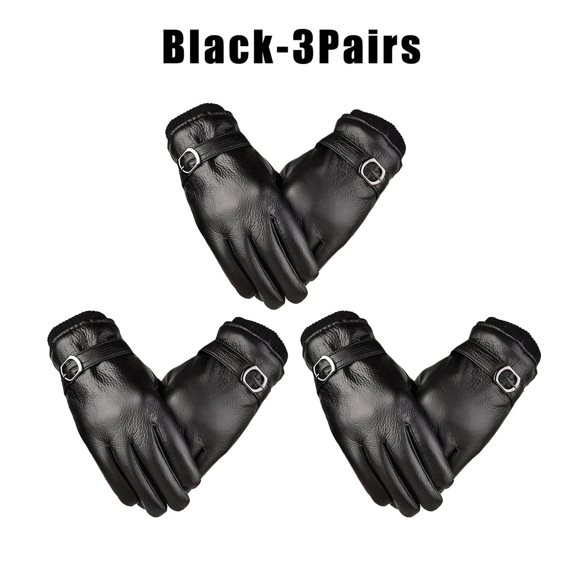 Windproof Thermal Touchscreen Leather Gloves – Winter Sports Winter Sports Gloves PLUSH Black 3Pairs