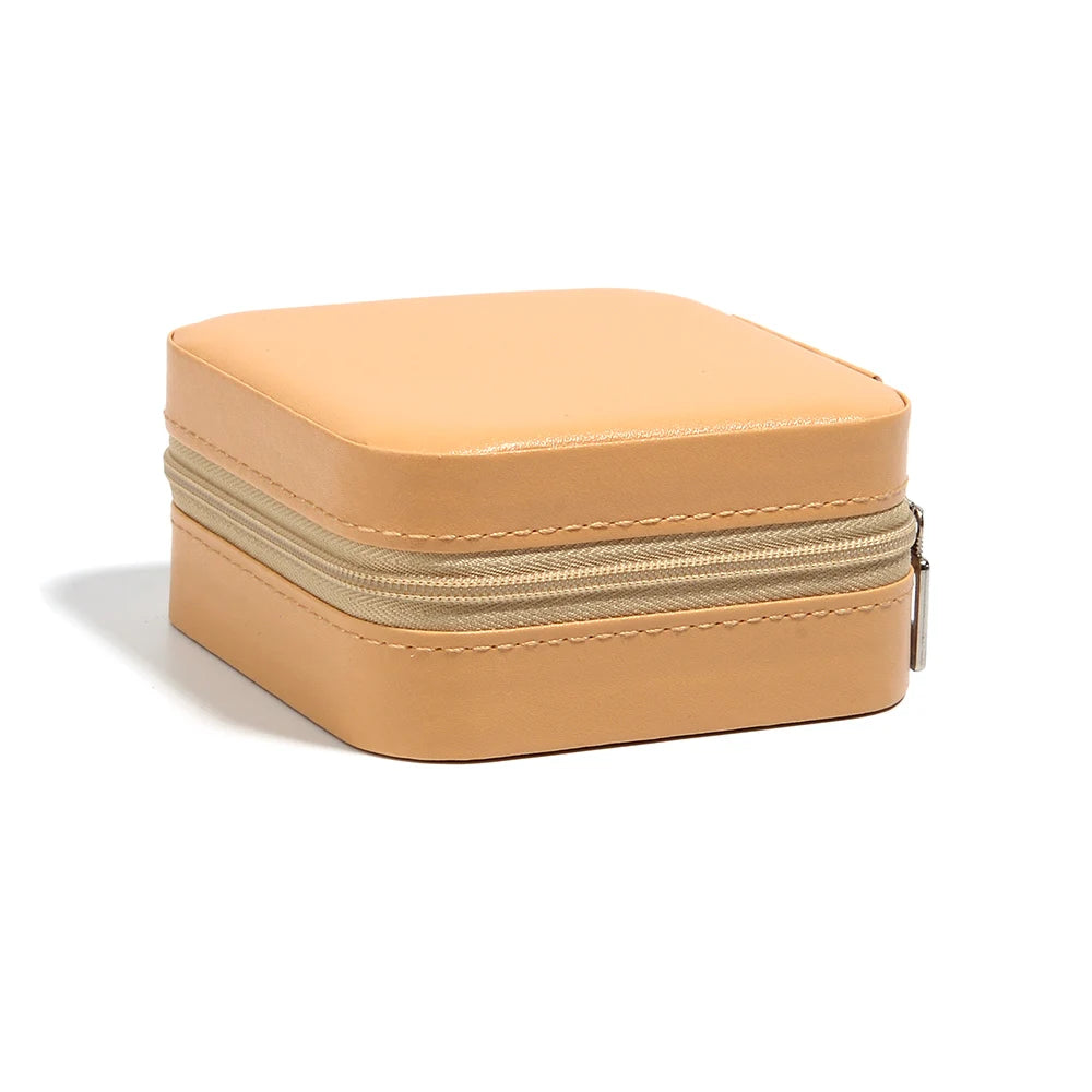 Square PU Leather Zipper Jewelry Box – Travel Organizer Pouch Jewelry Storage Box PLUSH khaki 10x10mm
