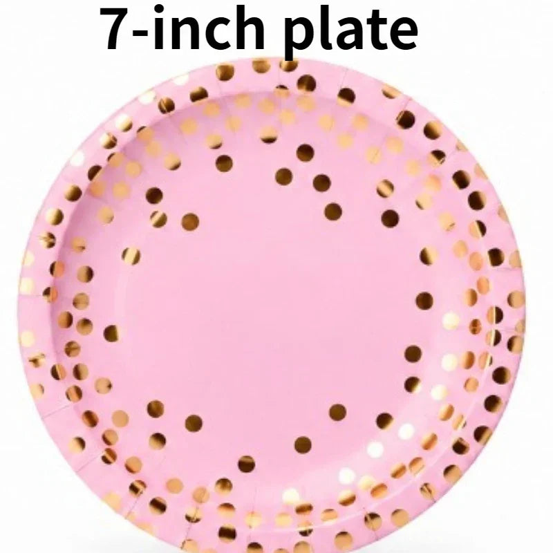 Pink Gold Foil Dot Disposable Paper Plates 7/9 Inch Party Disposable Party Plates PLUSH 7 inch plate 10PCS