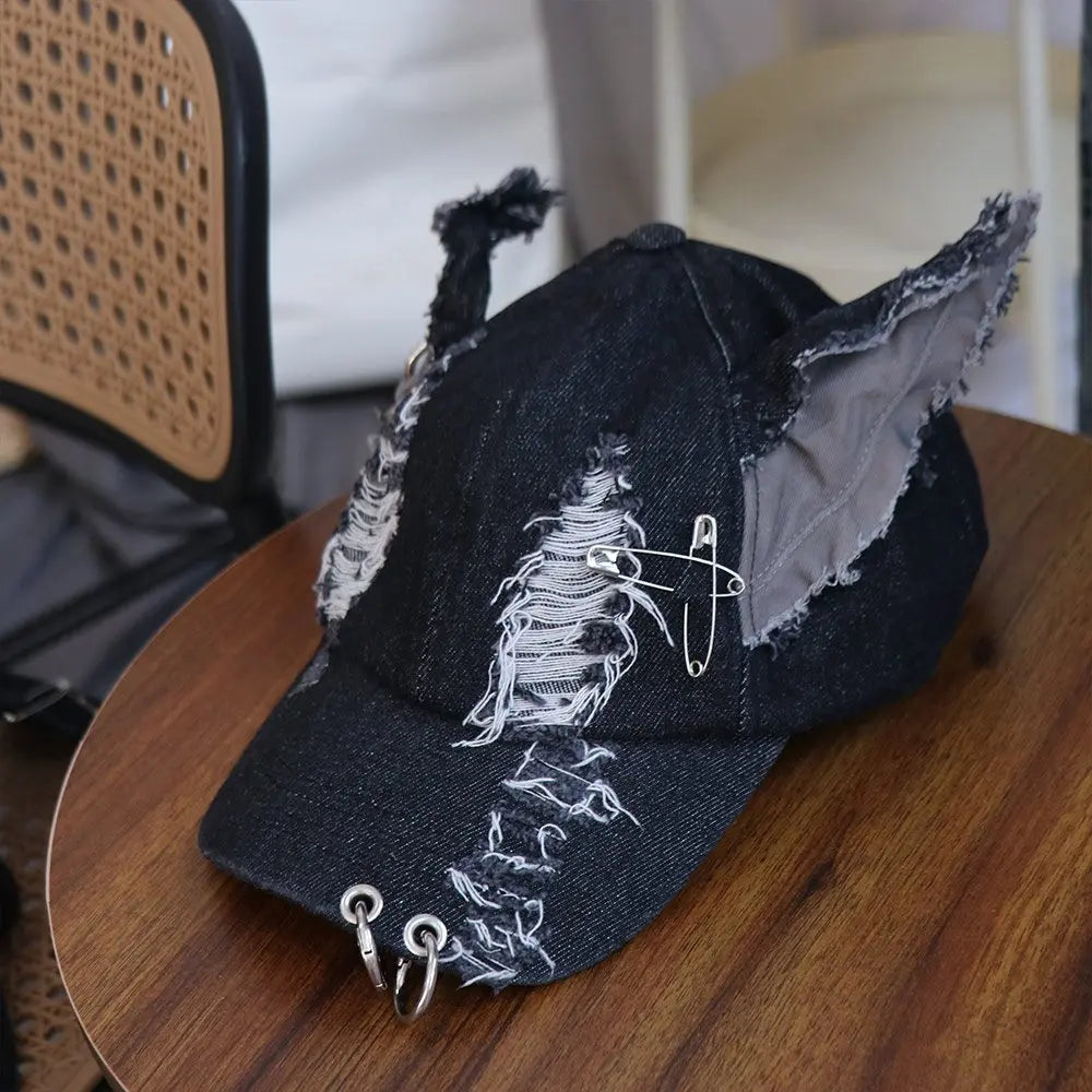 Y2K Bunny Ears Ripped Denim Snapback Cap – Punk Retro Hat Snapback Cap PLUSH