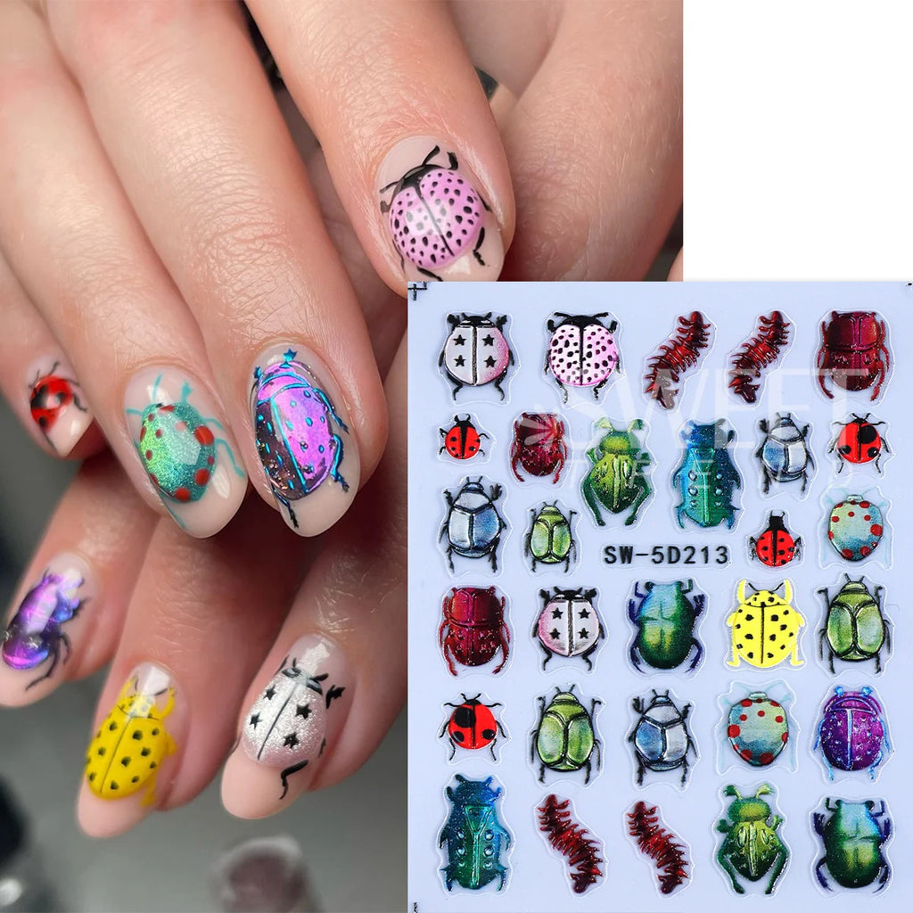 5D Insect Nail Stickers – Ladybug Beetle Embossed Decals Nail Art Stickers PLUSH