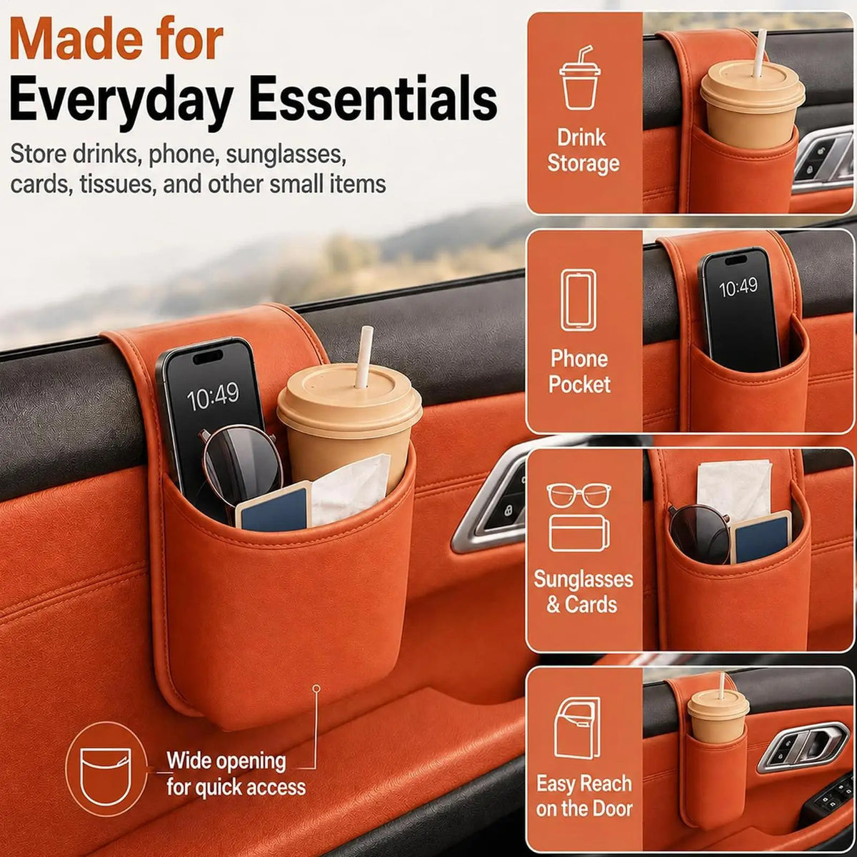 PU Leather Car Door Cup Holder & Storage Pocket Car Door Organizer PLUSH