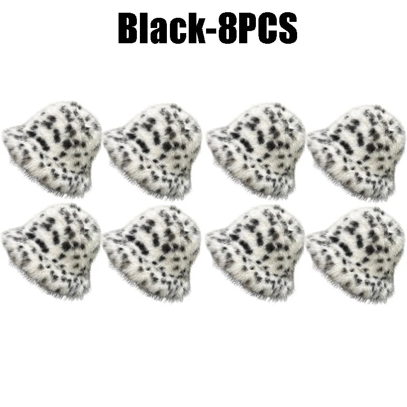 Women's Puffy Faux Fur Bucket Hat | Leopard Print Winter Hat Faux Fur Bucket Hat PLUSH Black-8PCS