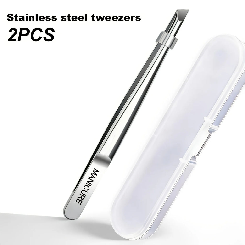 Stainless Steel Slant Tip Eyebrow Tweezers Set 2pcs with Box Eyebrow Tweezers Set PLUSH