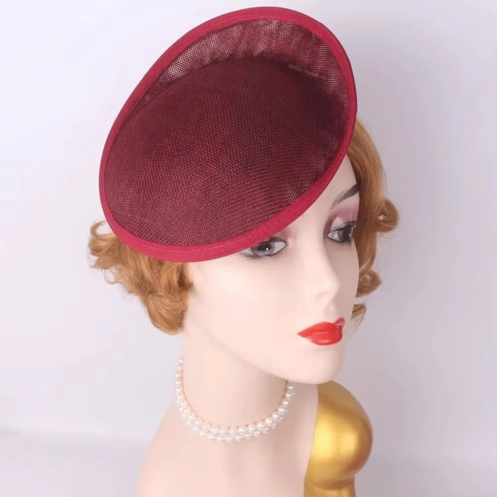 Wide Brim Linen Fascinator Hat Base – Vintage Mesh Headpiece Fascinator Hat Base PLUSH Dark Red