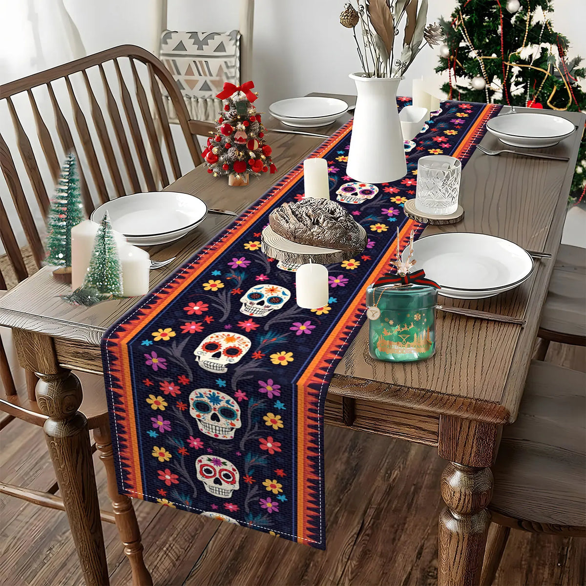 Day of the Dead Table Runner – Skull & Floral Pattern Table Runner PLUSH