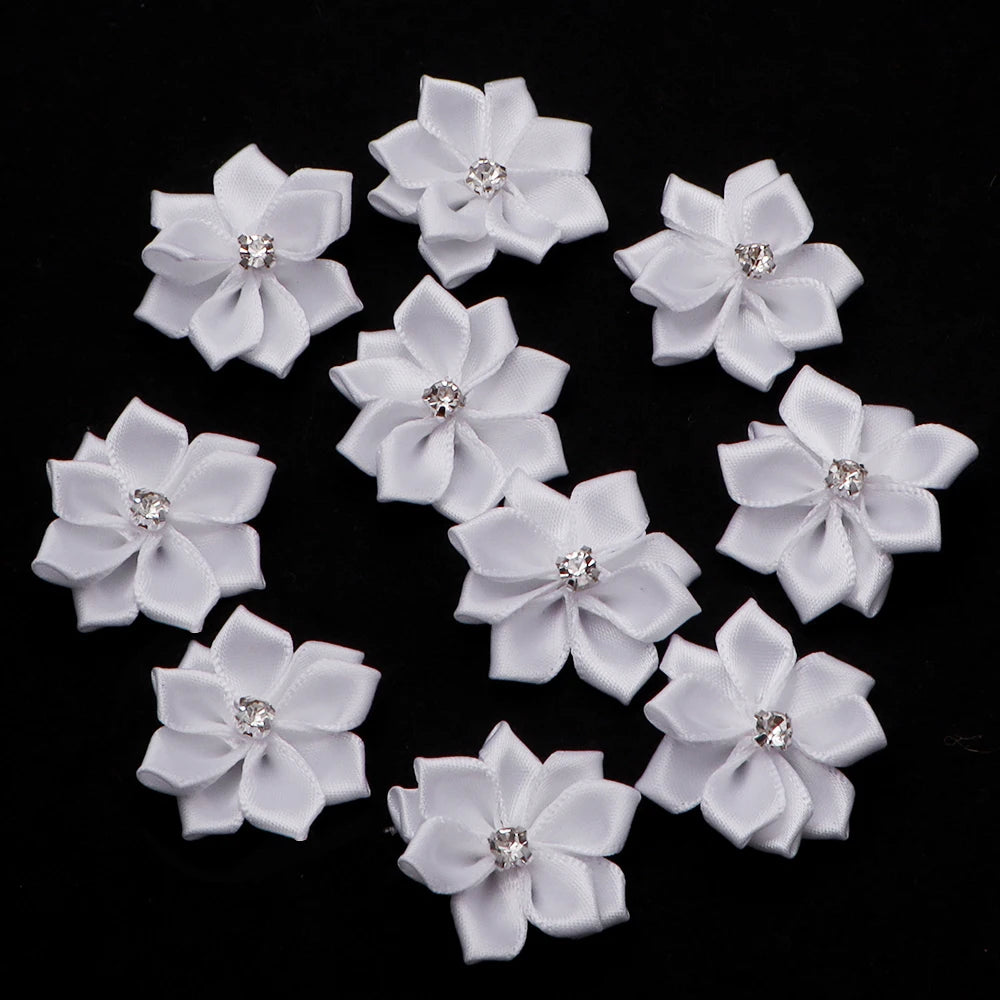 10pcs 3cm Satin Ribbon Flowers Rhinestone 9-Petal DIY Craft Fabric Flower Appliqué PLUSH White