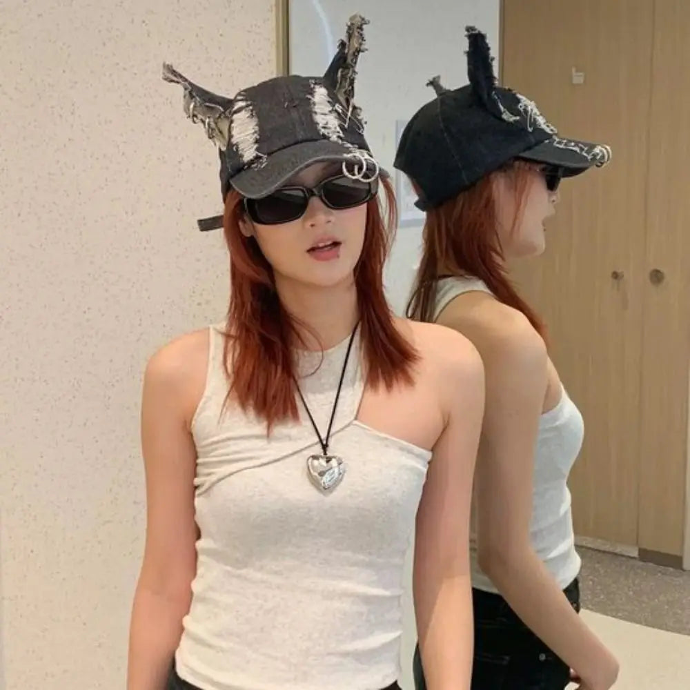 Y2K Bunny Ears Ripped Denim Snapback Cap – Punk Retro Hat Snapback Cap PLUSH