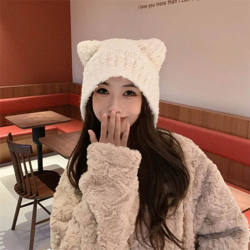Women's Bear Ear Fleece Lined Knit Beanie – Korean Winter Hat Winter Knit Beanie PLUSH