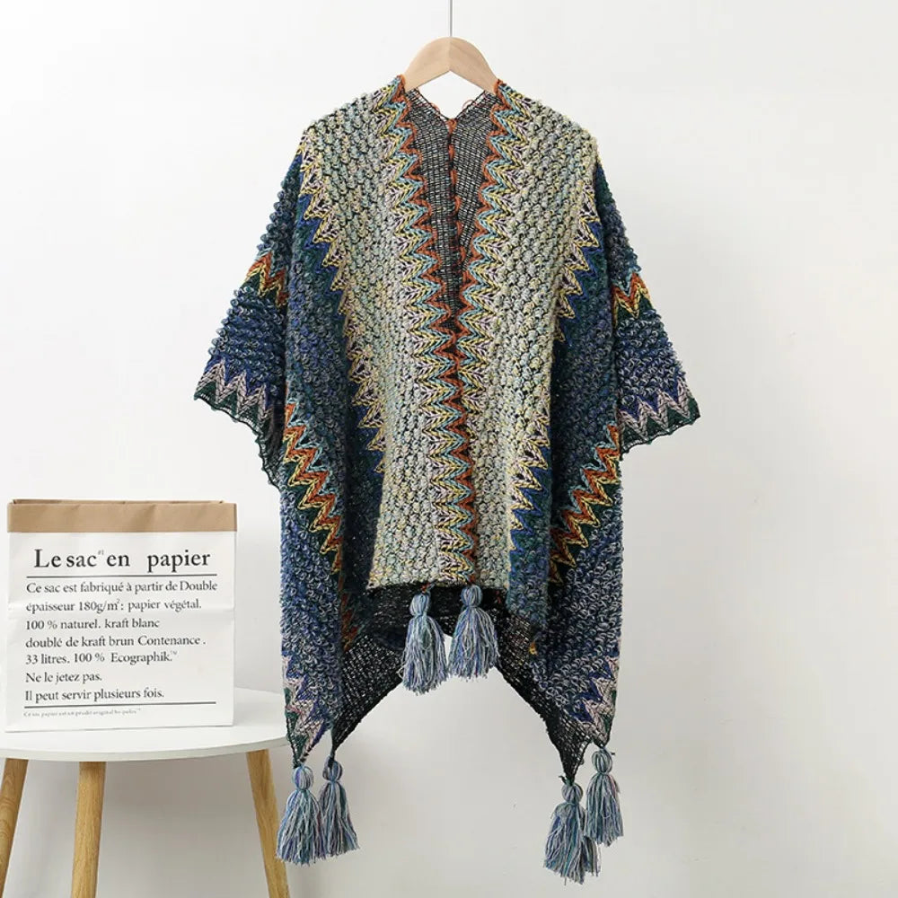Women's Bohemian Knit Tassel Poncho Shawl – Ethnic Cape Wrap Knit Poncho Cape PLUSH Style 1