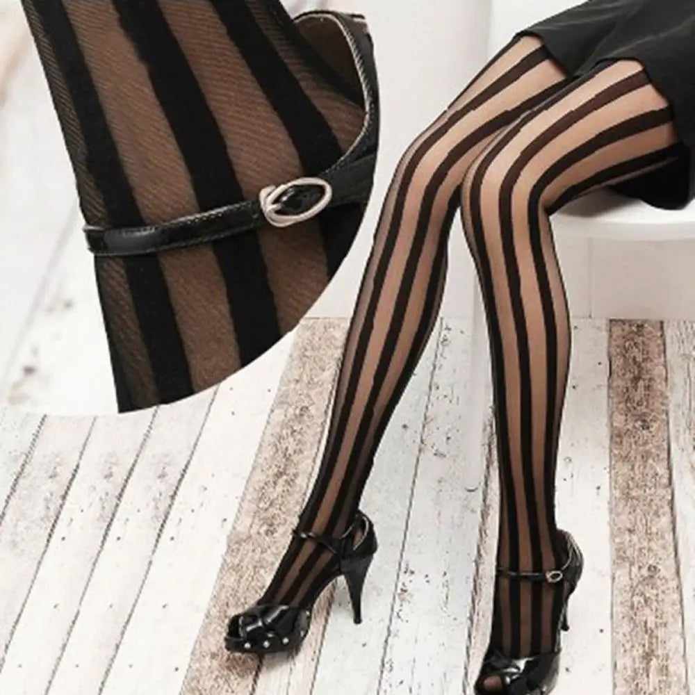 Gothic Punk Vertical Stripe Black Tights Pantyhose – Women Gothic Stripe Tights PLUSH