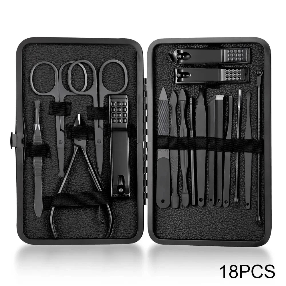 Stainless Steel Manicure & Pedicure Set 7–18 Pcs | Nail Kit Nail Grooming Kit PLUSH Black 18 PCS SET