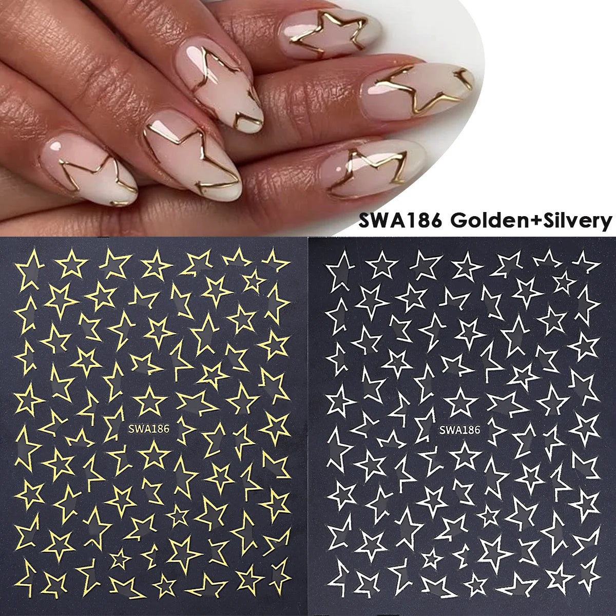 Gold Silver Hollow Star Nail Stickers – Y2K Bronzing Decals 2pc Nail Art Stickers PLUSH SWA186 Gold Silver