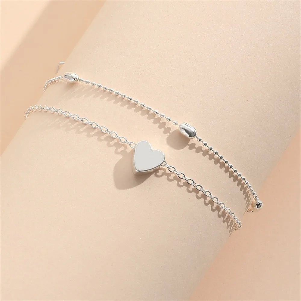 Vintage Heart Butterfly Layered Anklet – Adjustable Silver Bracelet Ankle Bracelet PLUSH