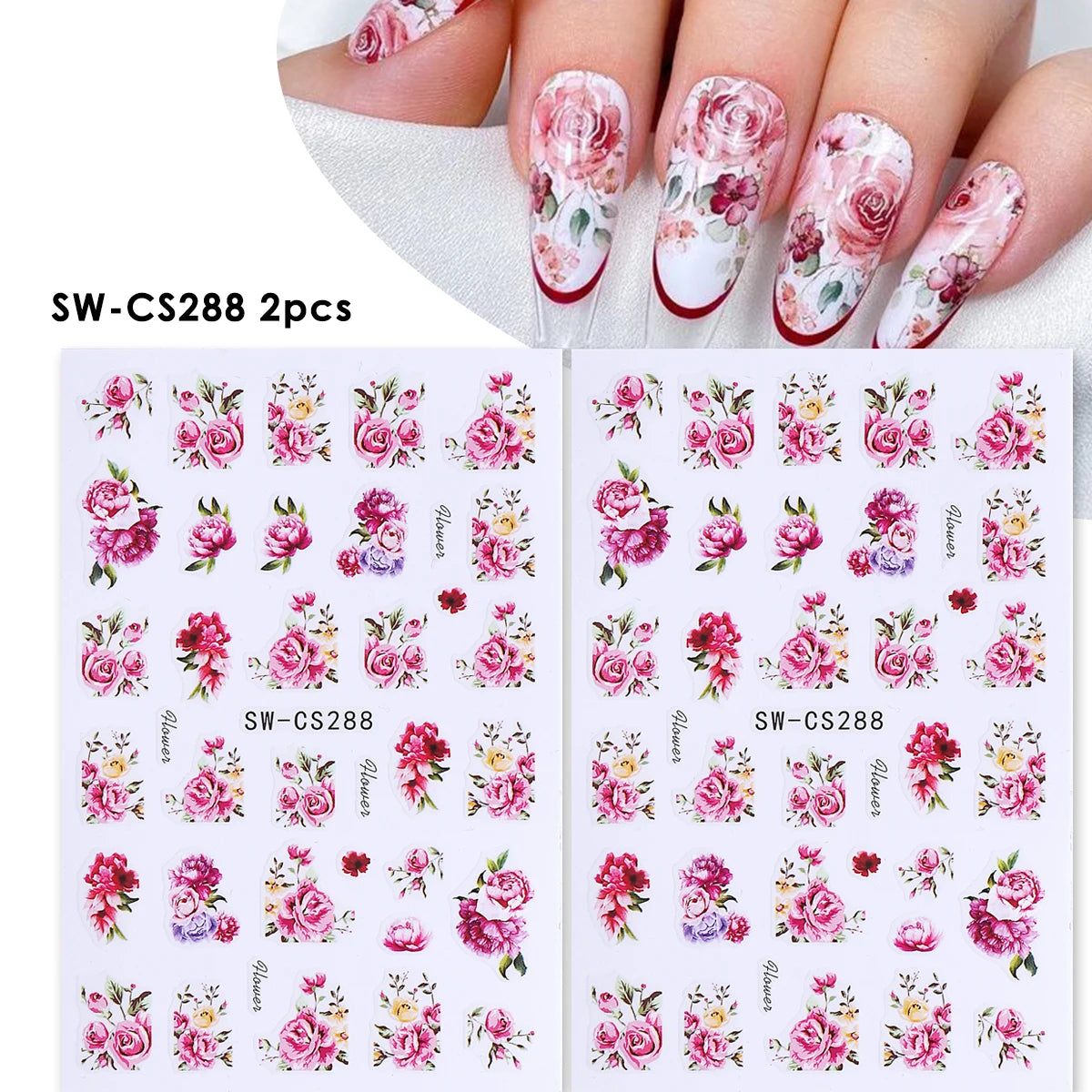 Blooming Flower Nail Art Stickers Peony Rose Floral Decals 2pc Nail Art Stickers PLUSH SW-CS288 2pcs