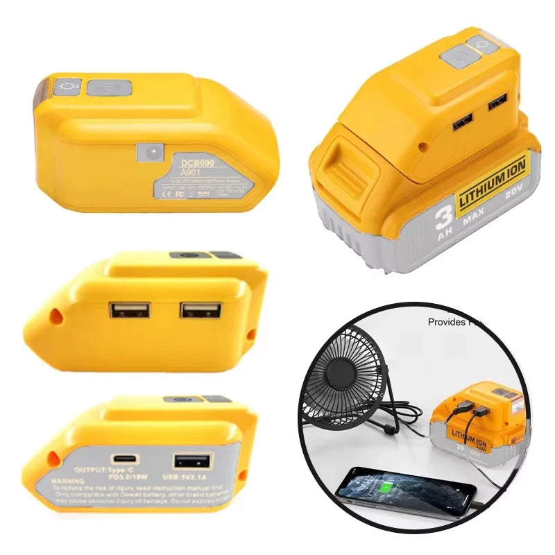 DCB090 Battery Adapter for DeWalt 18V 20V – Dual USB & LED Battery Power Adapter PLUSH