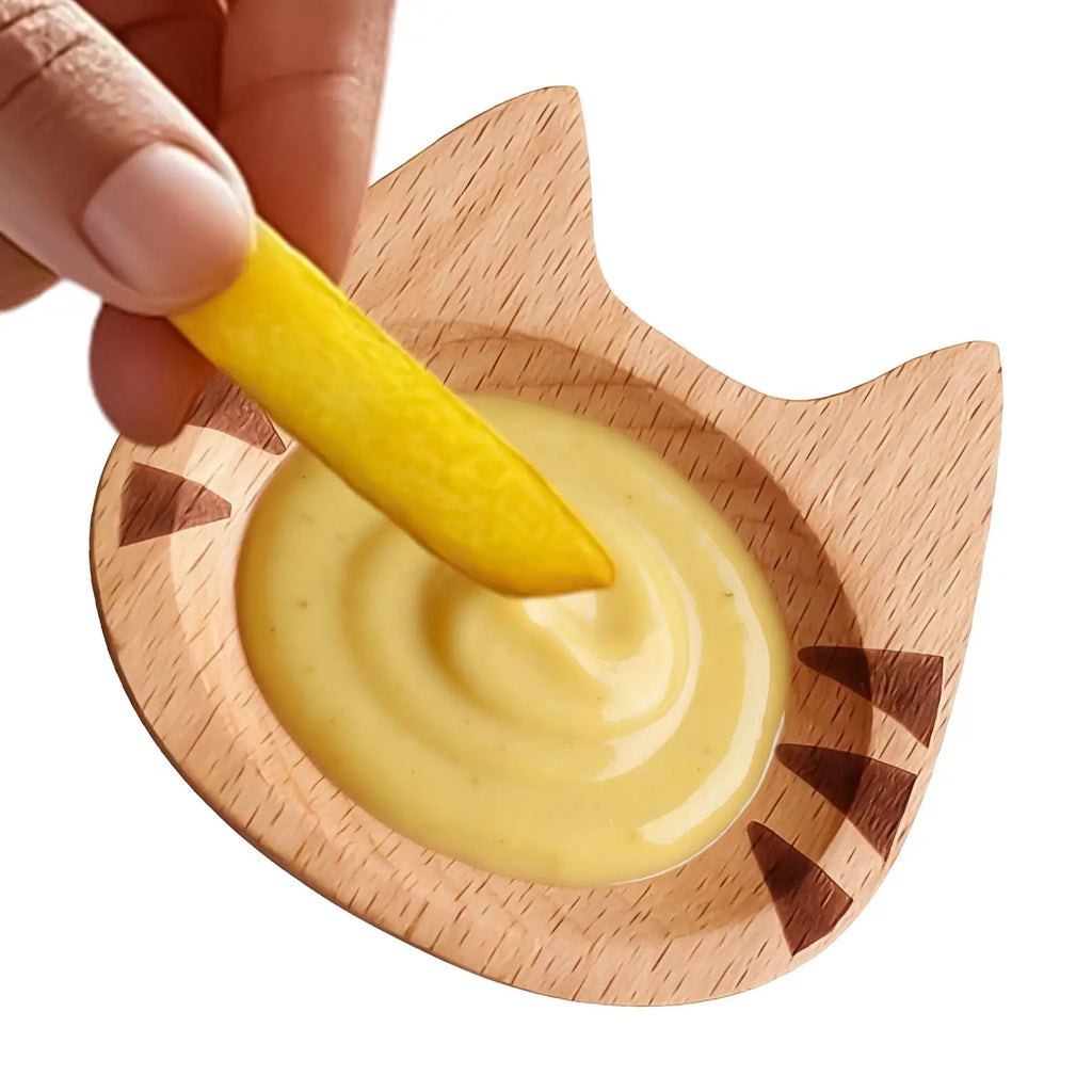 Cute Cat Wooden Dipping Sauce Dish – Mini Snack Saucer Dipping Sauce Dish PLUSH