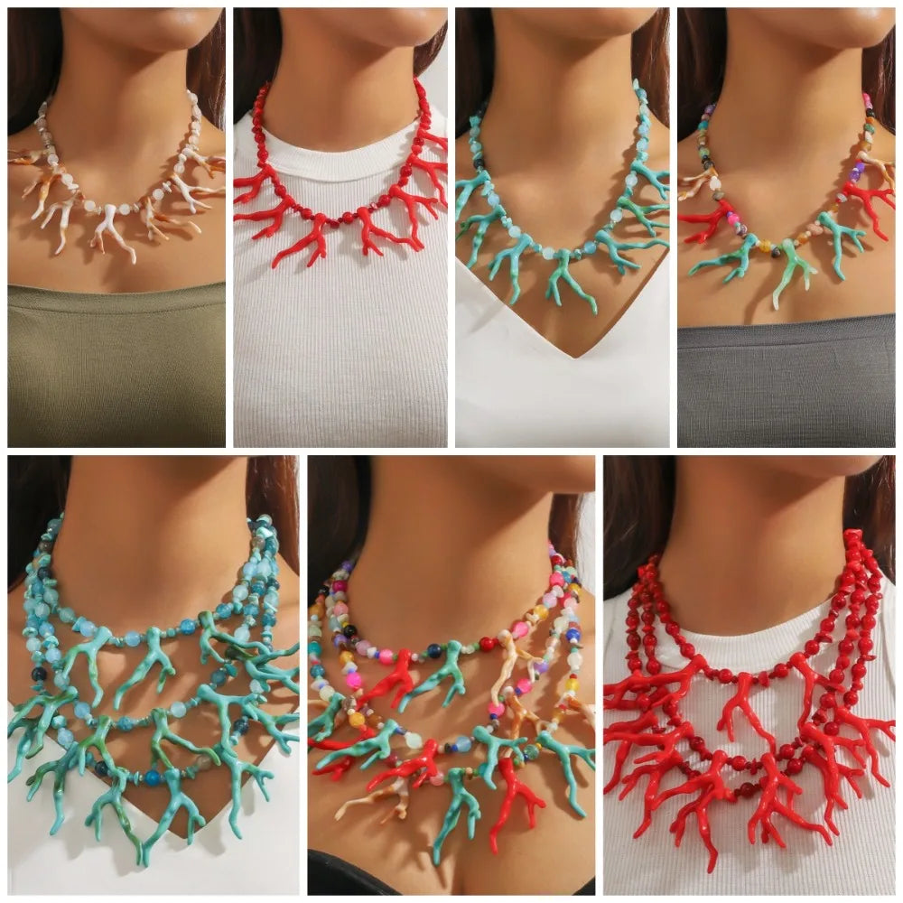 Multi-Layer Beaded Coral Necklace | Boho Beach Choker Beaded Choker Necklace PLUSH