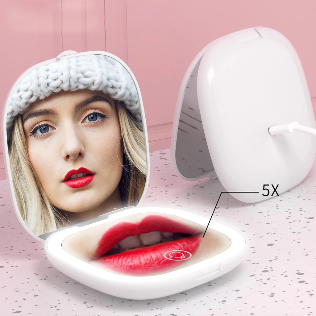 LED Compact Travel Makeup Mirror 1x/5x Magnifying Rechargeable LED Makeup Mirror PLUSH