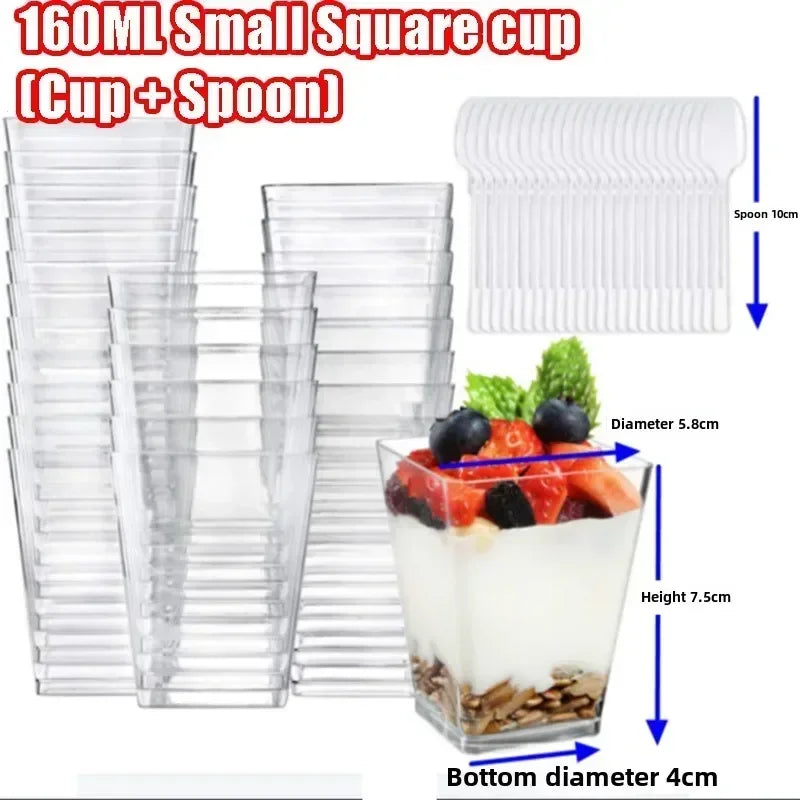 Square Plastic Dessert Cups with Spoons – Reusable Party Dessert Party Cups PLUSH 160ml 5Sets