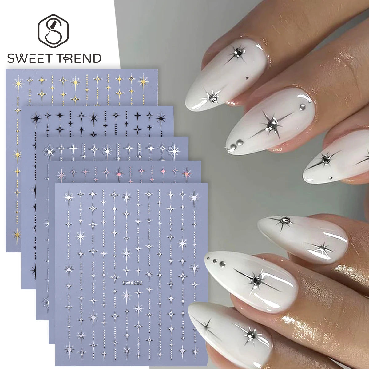 5pcs 3D Holographic Star & Sun Nail Art Stickers – DIY Decals Nail Art Stickers PLUSH