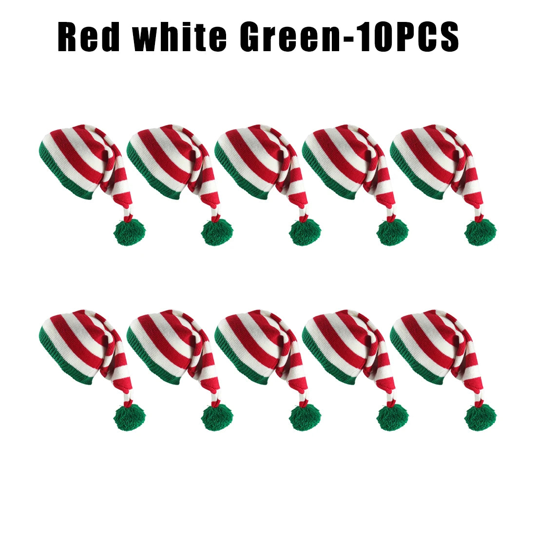 Winter Long Tail Elf Hat Christmas Knit Pom Pom Santa Hat Christmas Elf Hat PLUSH as show Red white Green 10PC