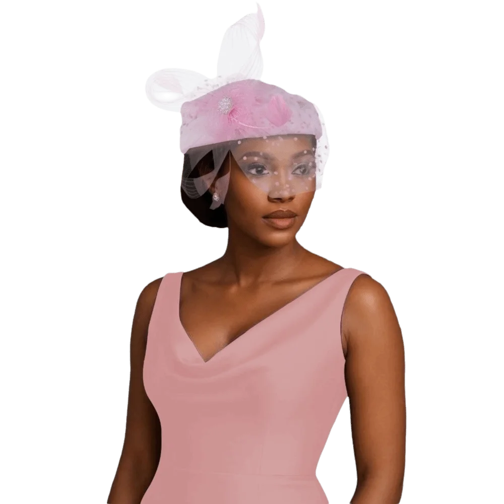 Vintage Feather Mesh Fascinator Hat – Polka Dot Veil Beret Fascinator Hat PLUSH Pink
