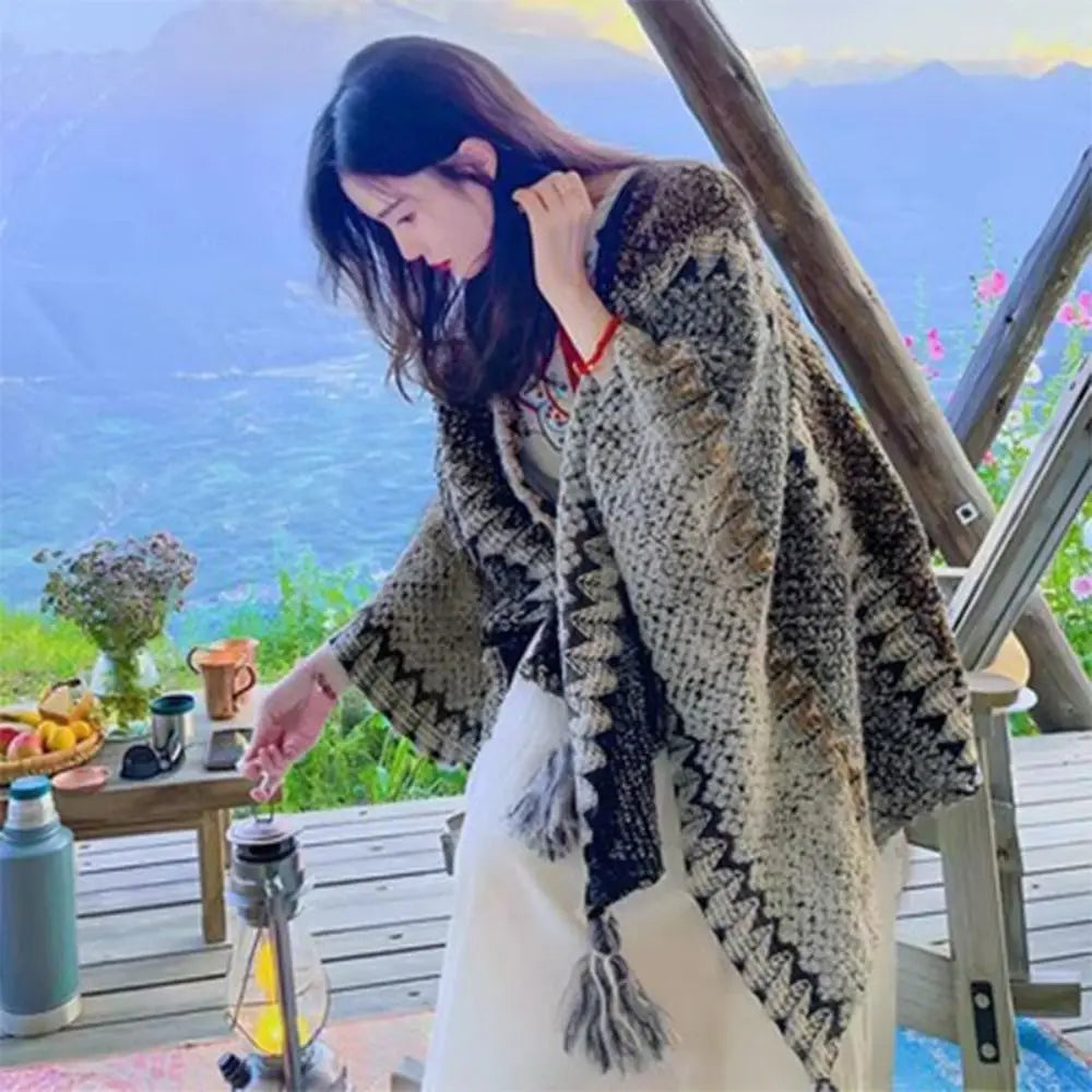 Women's Bohemian Knit Tassel Poncho Shawl – Ethnic Cape Wrap Knit Poncho Cape PLUSH