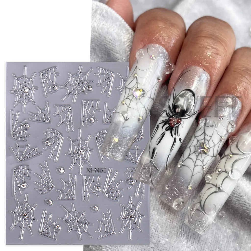 Spider Web Nail Stickers with Rhinestones – Gothic Halloween Decals Nail Art Stickers PLUSH