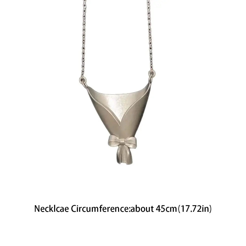 Silver Flower Bouquet Bow Pendant Necklace – Collarbone Chain Pendant Necklace PLUSH
