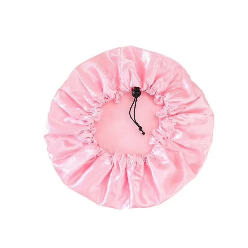 Double-Layer Oversized Drawstring Shower Cap – Satin & PEVA Shower Cap PLUSH