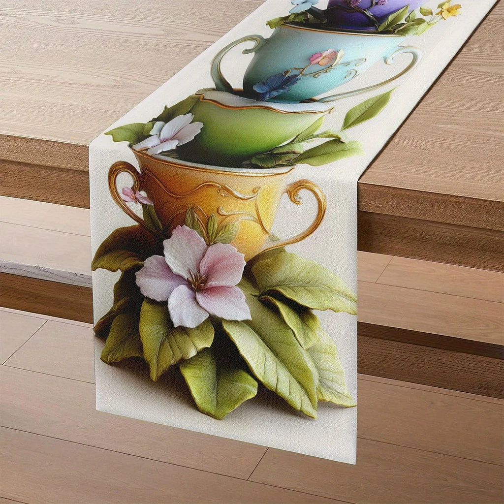 Teacup & Bird Table Runner – Decorative Home Fabric Décor Decorative Table Runner PLUSH