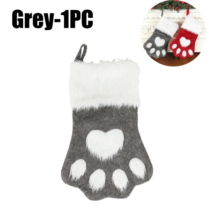 Dog Paw Christmas Stockings – Fuzzy Red Velvet Holiday Set Christmas Stocking Set PLUSH Grey-1PC 44x22cm